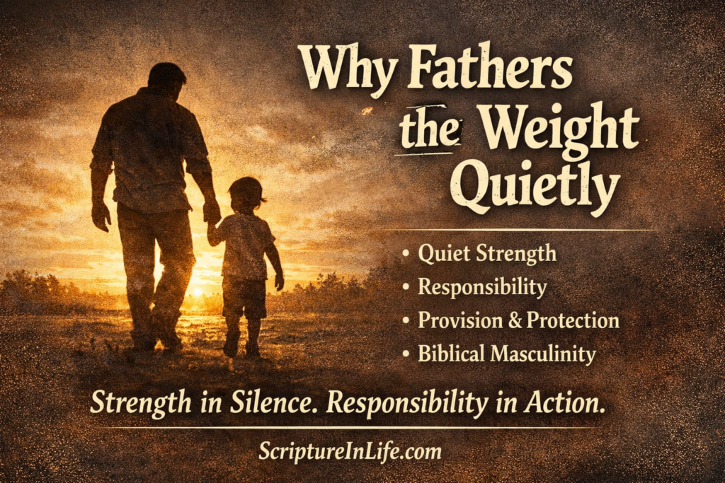 A father sitting in silence in contemplation, with a second scene showing him walking with his child at sunset, symbolizing quiet strength, responsibility, and biblical fatherhood.
