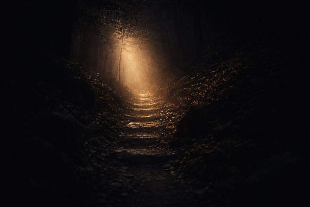 A narrow path illuminated by warm light in darkness, symbolizing spiritual simplicity and trust in God